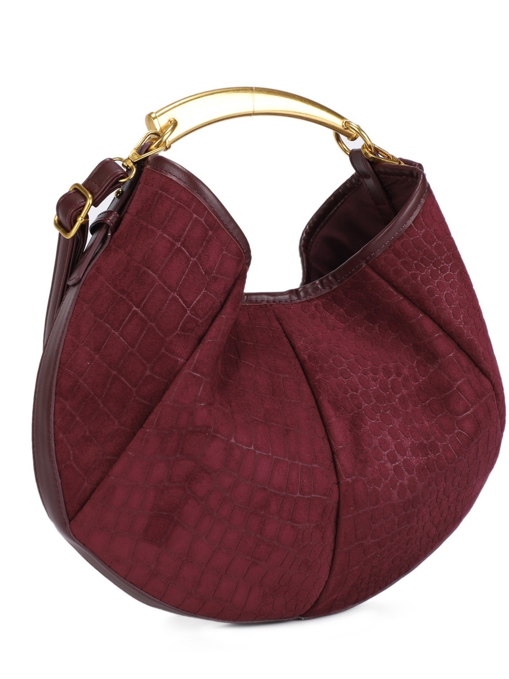 Burgundy Croc-Embossed Suede Hobo with Gold Handle